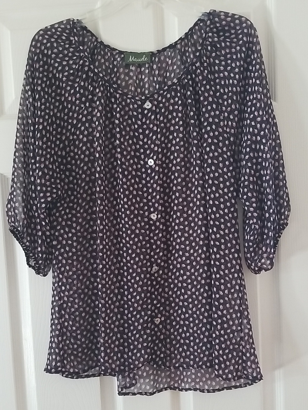 Maude Navy Sheer Button-Front Blouse with White/Pink Dot Print